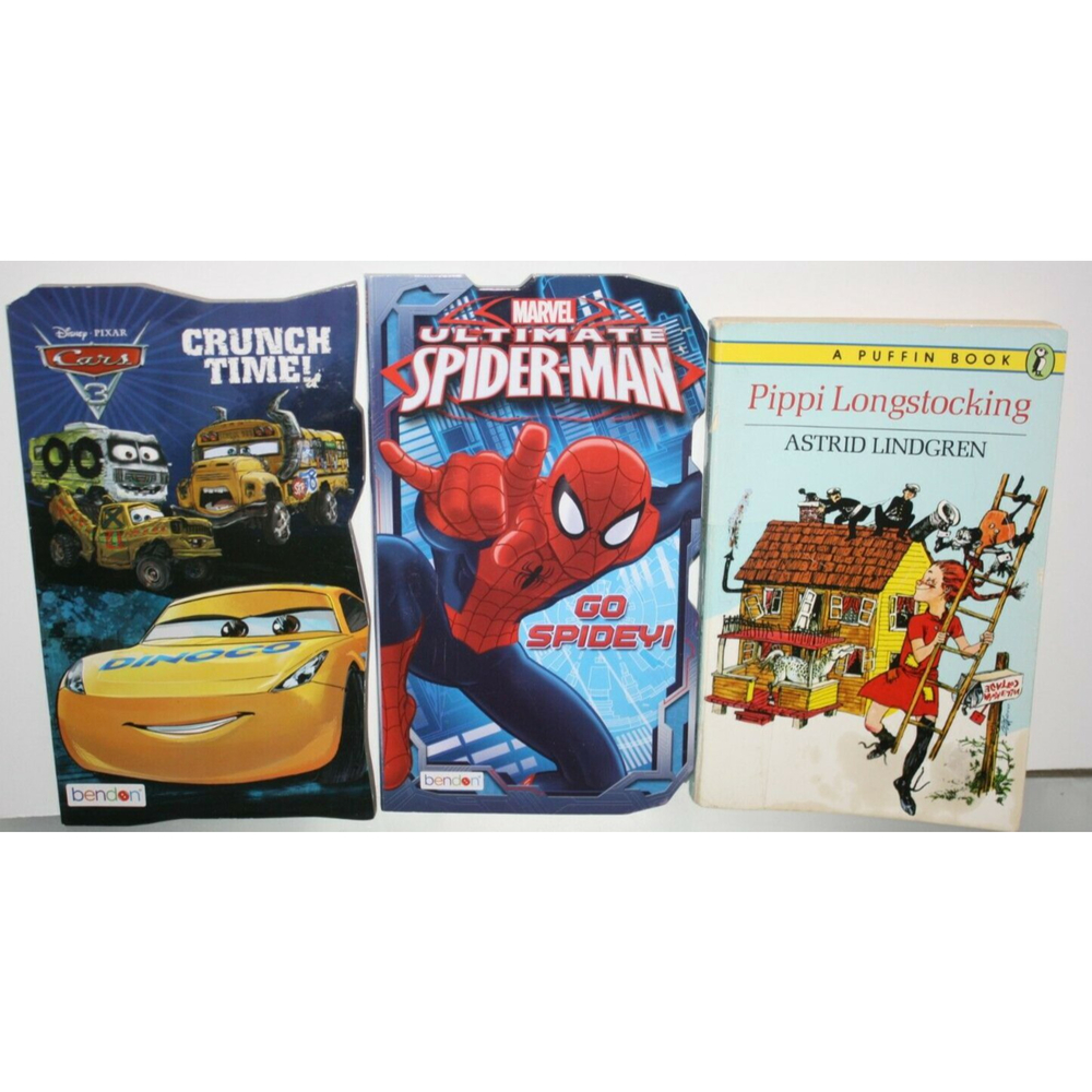 Lot Of Three Children's Books Spider-Man Cars Pippi Longstocking  GUC